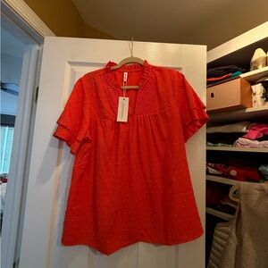 Amazon Women’s Bright Red Eyelet Flutter Sleeve Blouse